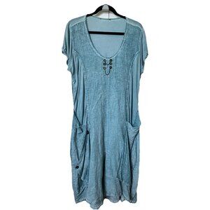 Diagonal Linen Maxi Dress Womens Blue Lagenlook Boho Artsy Long
